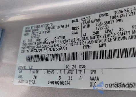 2018 Ford Escape S from USA, damaged, VIN 1FMCU0F73JUB53631